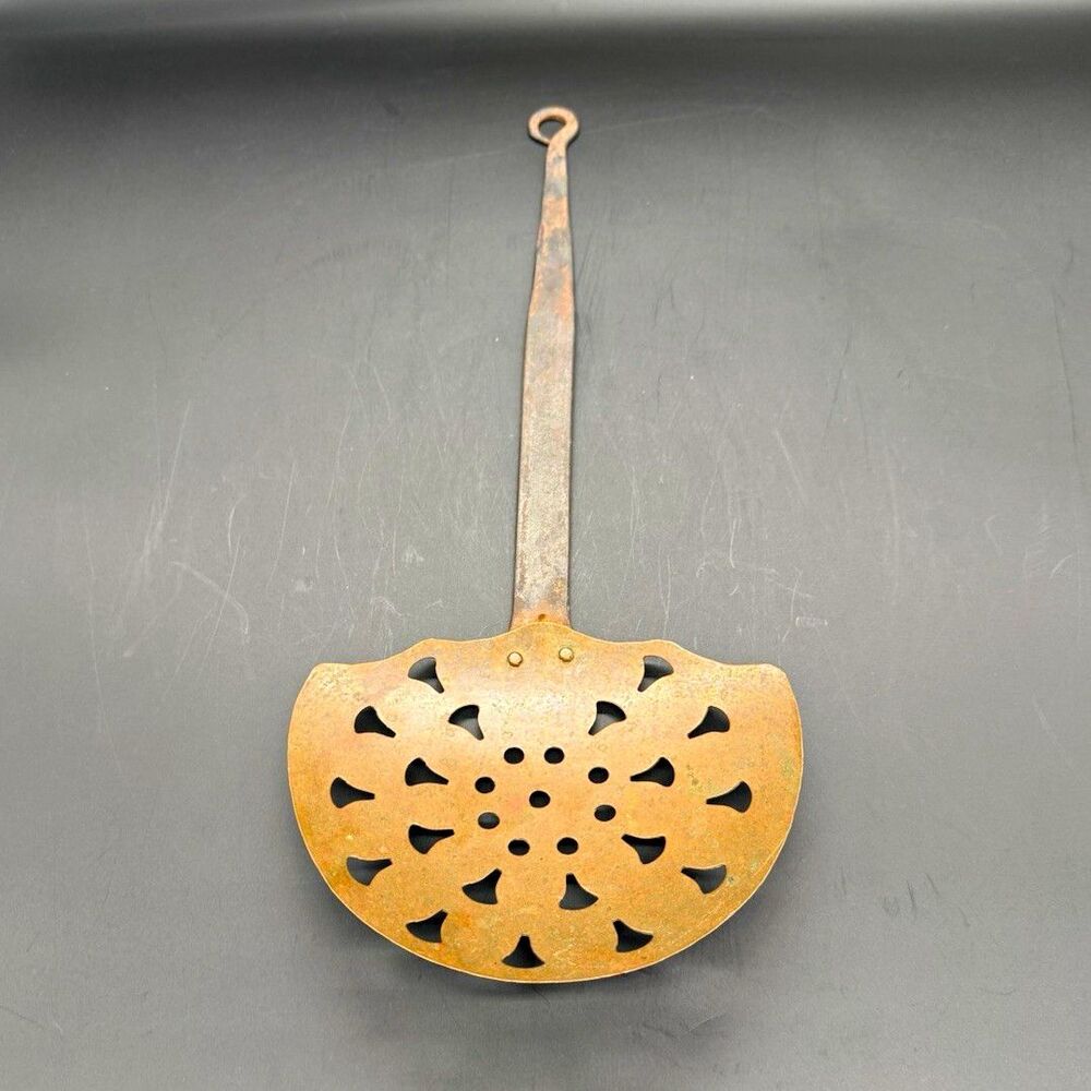 Antique Metal Skimmer Hearth Strainer Spoon, Cutout, Hanging Loop, Copper